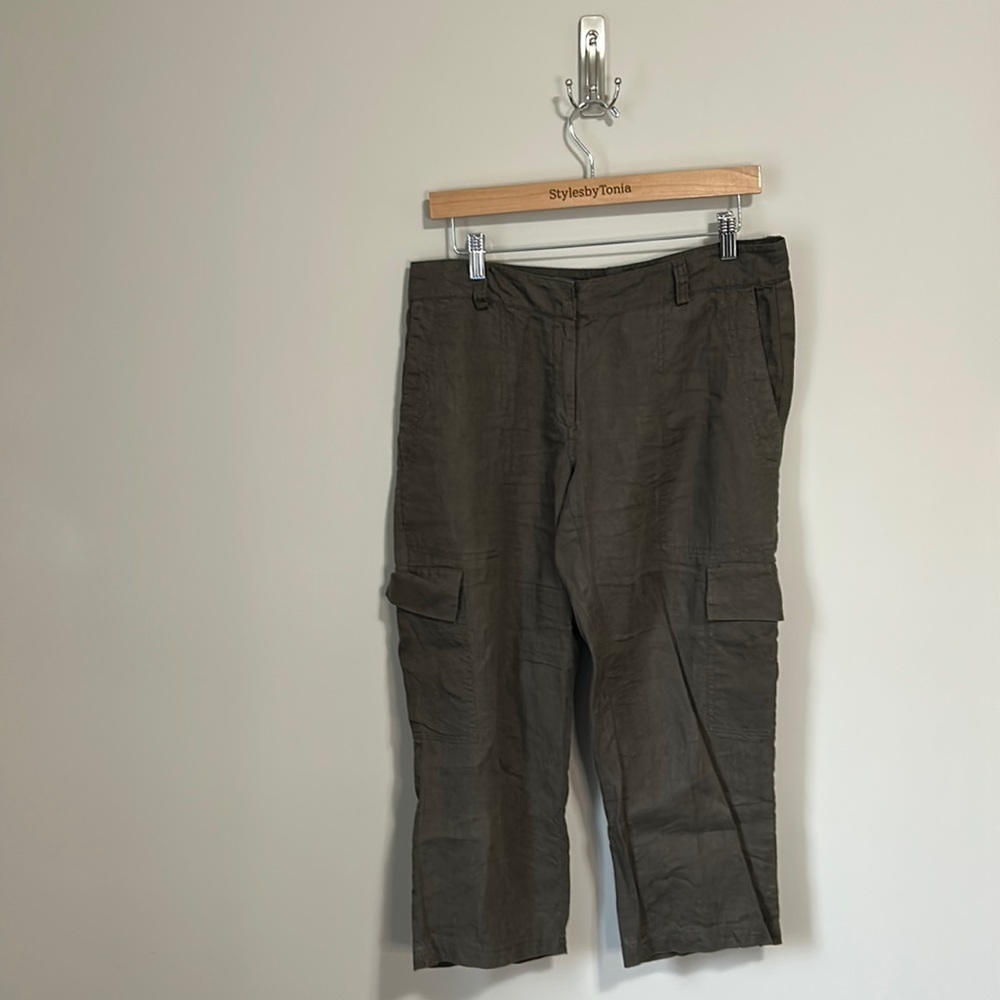 EILEEN FISHER Pant Organic Linen Surplus Cropped Cargo Pants Olive Green Sz 6 - Picture 2 of 15